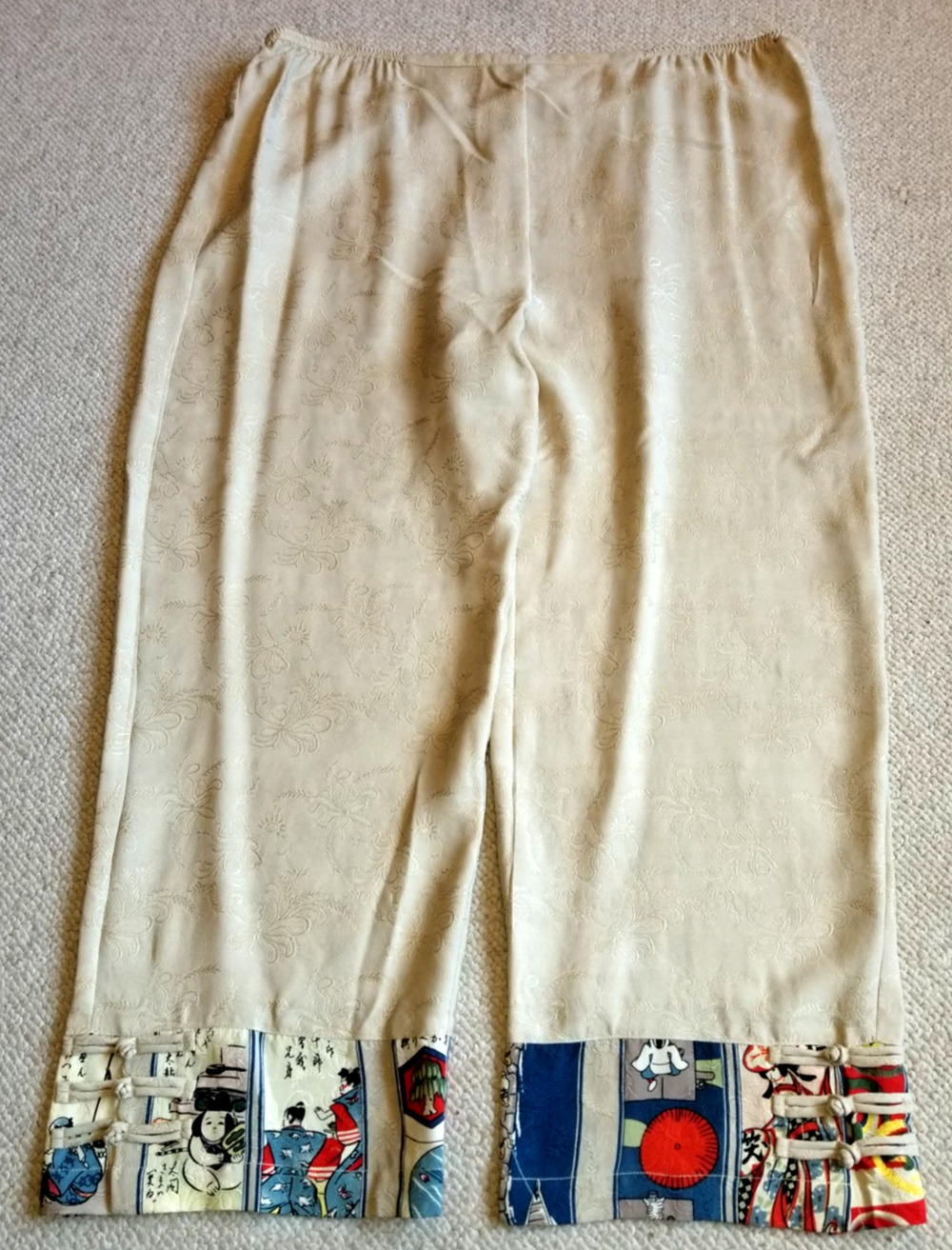 VINTAGE Womens Pants-CITRON-beige floral silk wide leg Asian Print pull-on-XL
